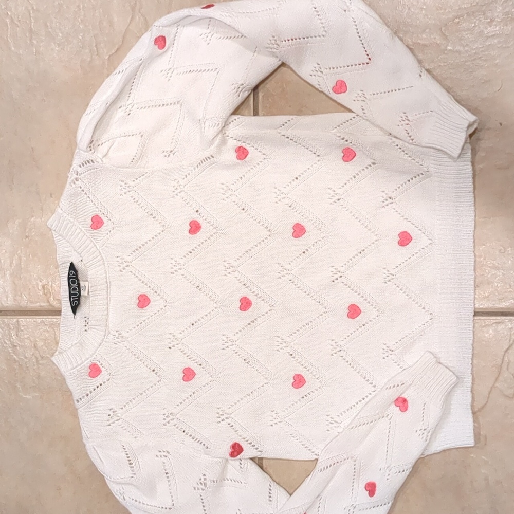 Studio White Sweater with Pink Heart Accents